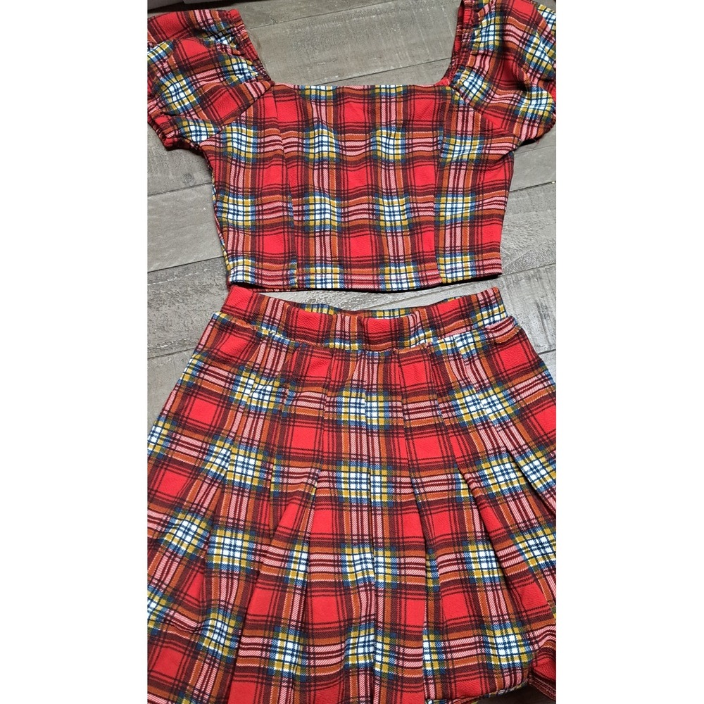 Almost Famous Plaid 2 Piece Set Crop Top Pleated Skirt Red Y2K Juniors Sz Small